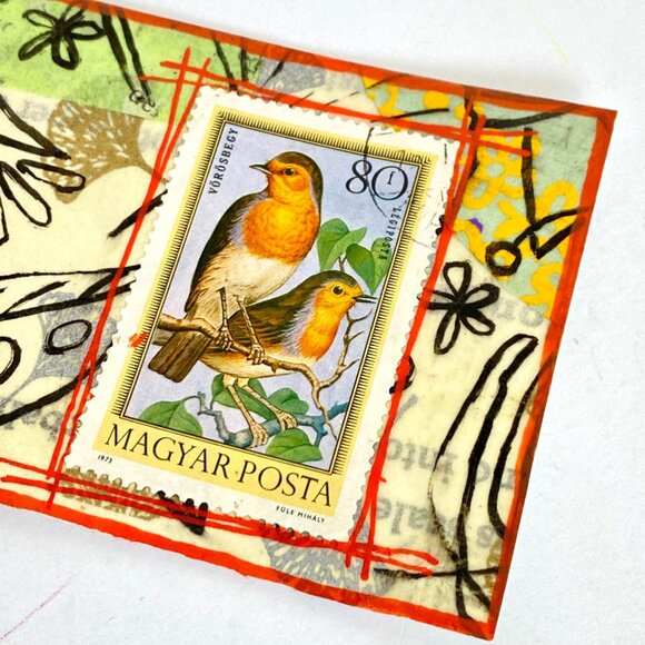 ACEO Original Mixed Media Art 1975 Hungary Bird Postage Stamp ATC - Picture 2 of 4